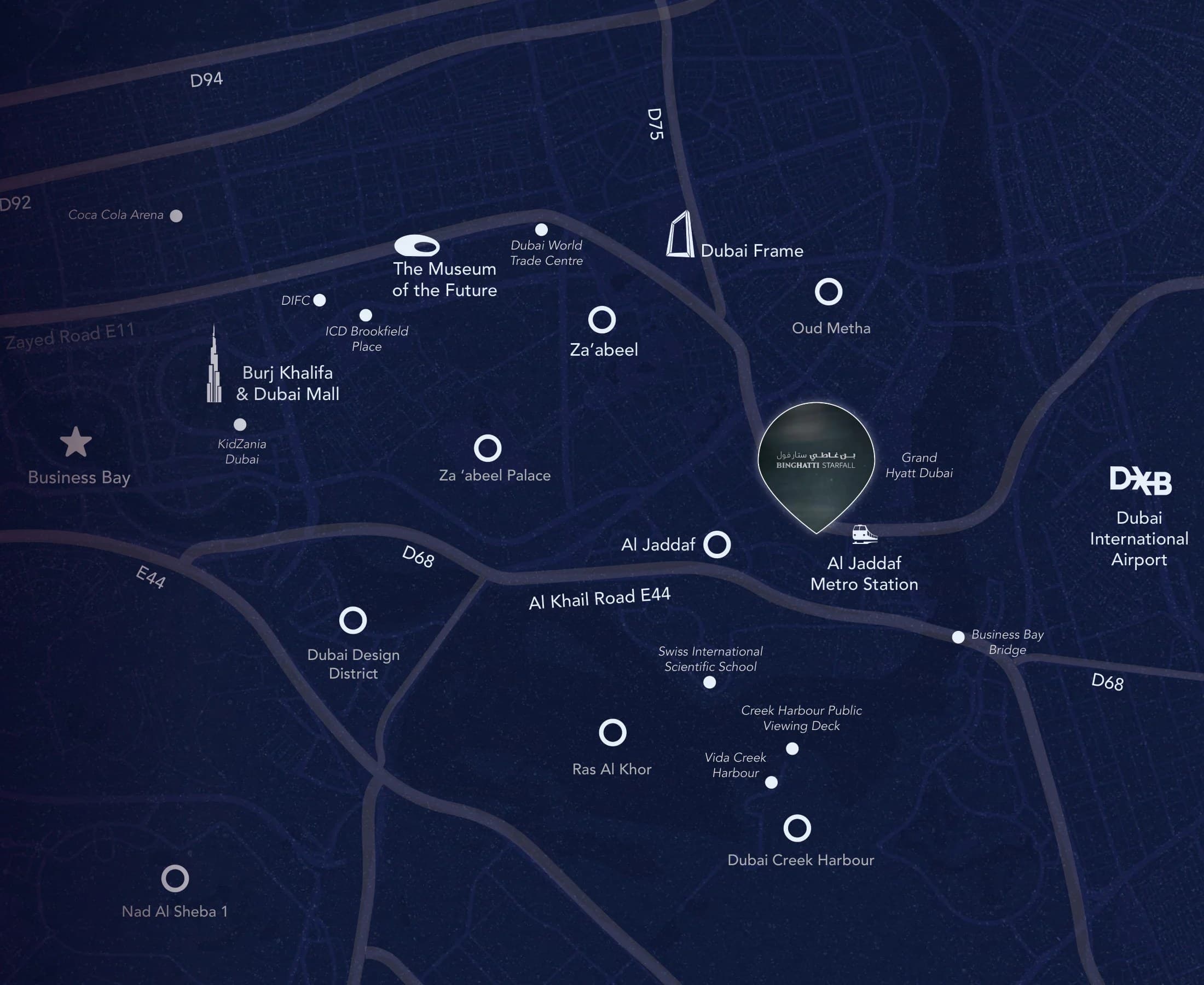 Location map — Binghatti Starfall beside Al Jaddaf Metro Station, near Dubai Healthcare City, Downtown Dubai and DXB